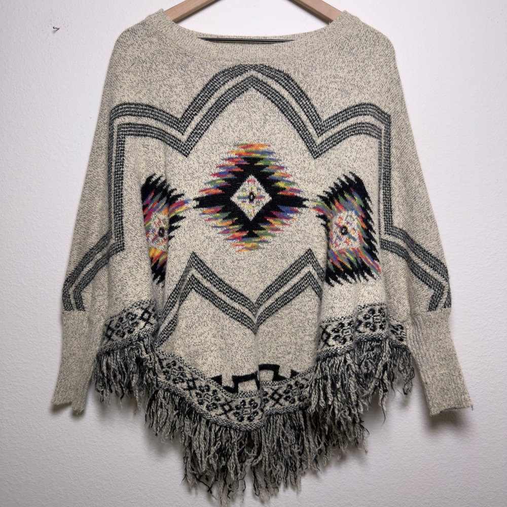 Kamana Women Poncho Sweater One Size Cream Southwestern Aztec Fringe Knit